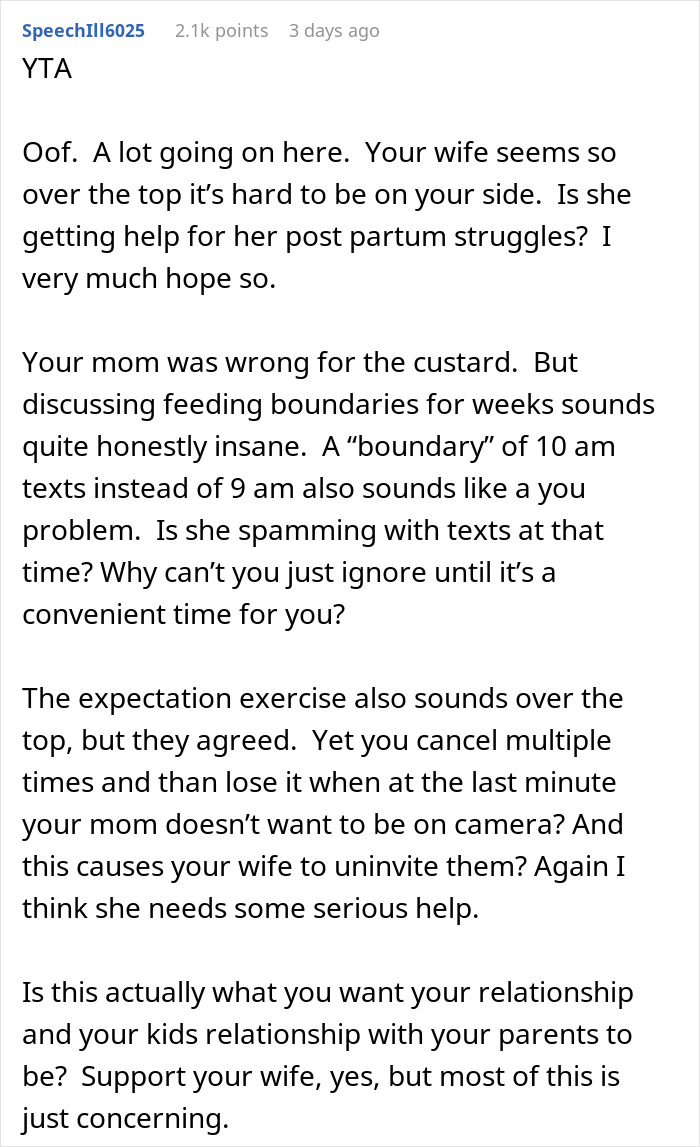 Reddit comment discussing keeping son away from grandmother after fed custard and concerns about family boundaries and postpartum help.