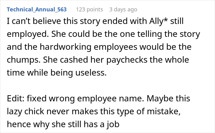 Comment discussing a lazy employee bragging about a new boss, still avoiding work while cashing paychecks. Comment discussing a lazy employee bragging about a new boss, still avoiding work while cashing paychecks.