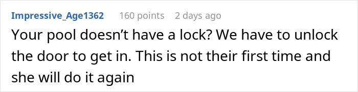 Screenshot of a comment discussing non-resident family being unable to use the condo pool, causing children to leave upset.