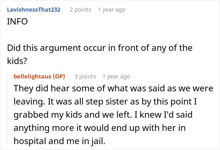 Screenshot of an online discussion about family drama involving a woman refusing to babysit her step sister&rsquo;s kids.