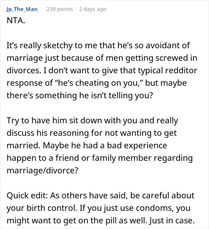 Comment discussing a woman open to having kids and her boyfriend's avoidance of marriage due to divorce concerns. Comment discussing a woman open to having kids and her boyfriend's avoidance of marriage due to divorce concerns.