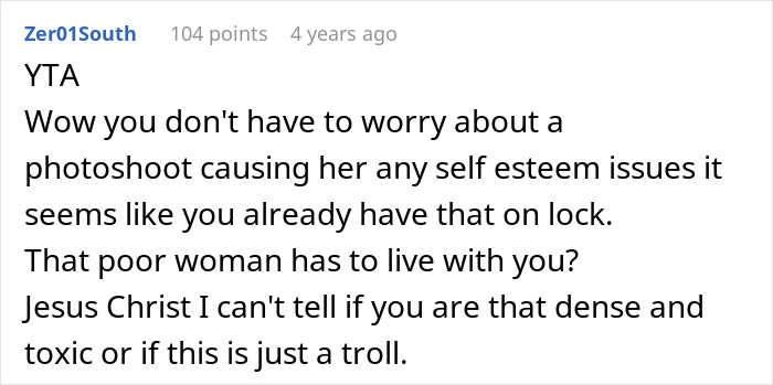 Comment criticizing a guy for refusing wife’s spicy photoshoot over her 12 extra pounds after pregnancy, highlighting toxicity. Comment criticizing a guy for refusing wife’s spicy photoshoot over her 12 extra pounds after pregnancy, highlighting toxicity.