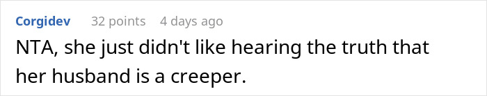 Text comment discussing a neighbor complaining about a woman’s outfit because her husband keeps staring at her. Text comment discussing a neighbor complaining about a woman’s outfit because her husband keeps staring at her.