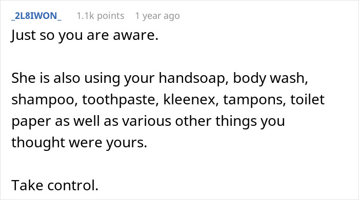 Comment text about middle-aged woman with a shopping habit repeatedly stealing roommate&rsquo;s food and other personal items.