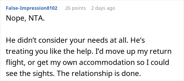 Screenshot of an online forum comment discussing refusing to babysit boyfriend’s niece during vacation. Screenshot of an online forum comment discussing refusing to babysit boyfriend’s niece during vacation.
