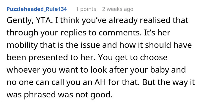 Reddit comment discussing a woman not letting obese mom babysit newborn and accusations of fat shaming controversy.