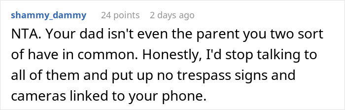 Screenshot of a Reddit comment about a woman refusing to give her dad&rsquo;s cabin to her struggling stepbrother.