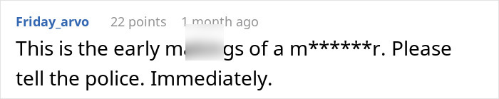 Text comment warning about early signs of harmful behavior and urging immediate police intervention.