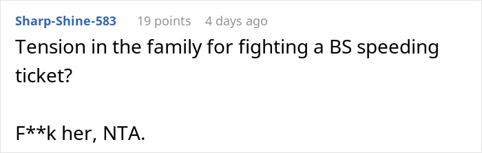Text comment about tension in family over a speeding ticket involving cop, driver, and daughter’s boyfriend situation. Text comment about tension in family over a speeding ticket involving cop, driver, and daughter’s boyfriend situation.