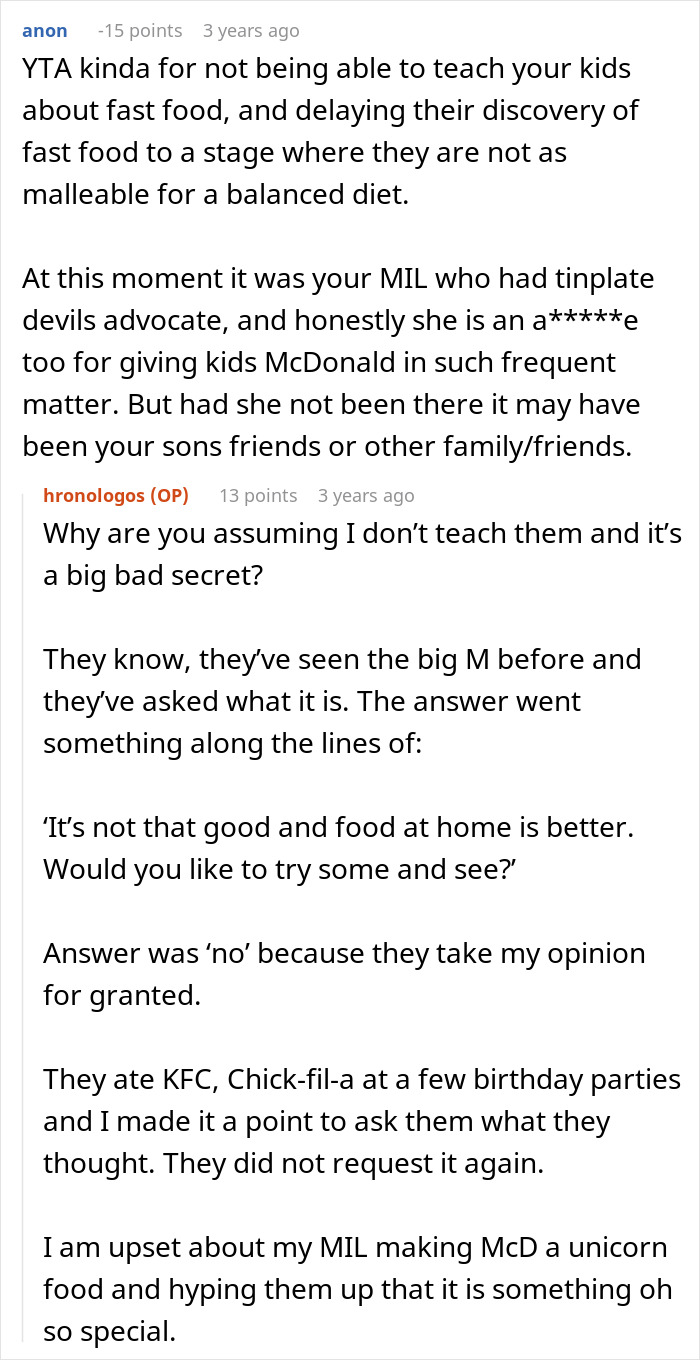 Screenshot of a Reddit discussion where a mom refuses to leave kids with MIL after she keeps feeding them fast food.