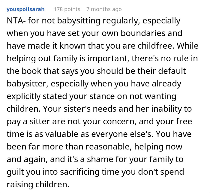 Comment explaining boundaries set by childfree brother refusing regular babysitting despite sister's demands for family support and guilt trips