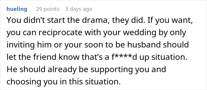 Comment discussing drama and support involving a woman, her fianc&eacute;, and a friend's wedding situation.