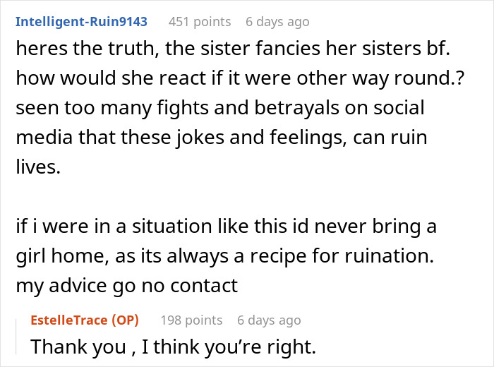 Commenter discusses sister's fianc&eacute; and warns about below-the-belt remarks causing family conflict and wedding ban.