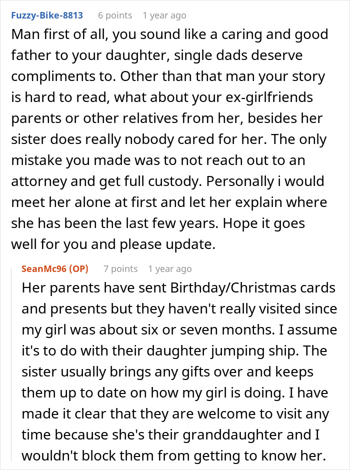 Comment section discussing a man raising newborn alone and dealing with his ex reappearing after three years.