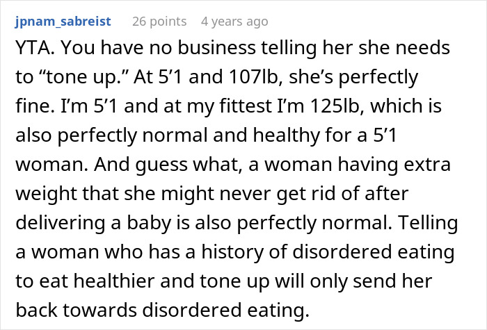 Comment discussing body image and health after pregnancy weight gain, addressing concerns about tone and eating habits. Comment discussing body image and health after pregnancy weight gain, addressing concerns about tone and eating habits.