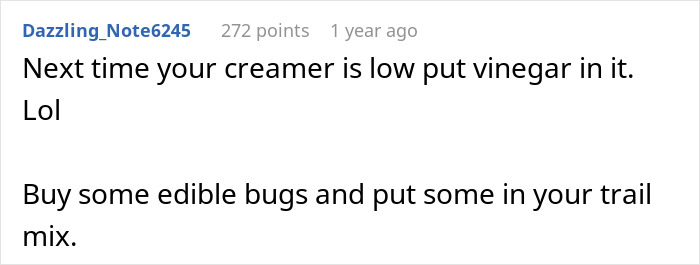 Comment text about a middle-aged woman with a shopping habit stealing her roommate&rsquo;s food, frustrating them both.
