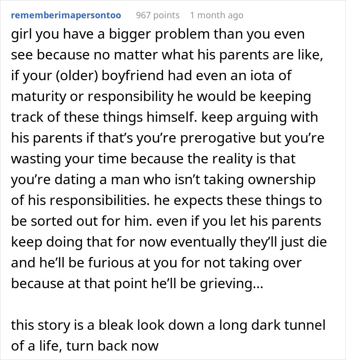 Reddit comment about helicopter parents treating 29YO son&rsquo;s girlfriend like a nanny and daily planner, highlighting relationship issues.