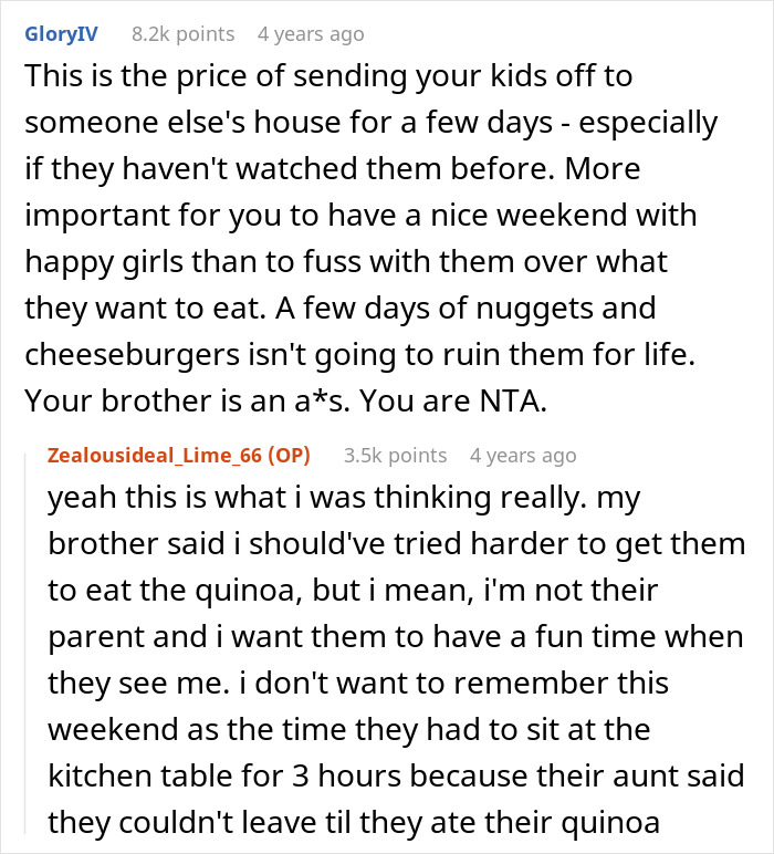 Reddit discussion about feeding nieces junk food for 3 days and the debate over parenting and meal choices.