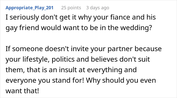 Comment discussing a woman who doesn&rsquo;t want her fianc&eacute; to attend a friend&rsquo;s wedding without her.