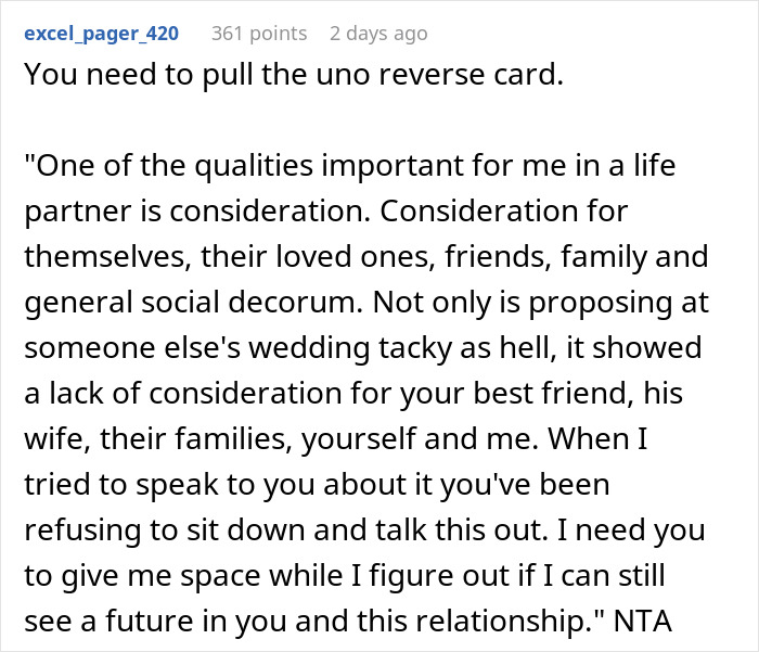 Comment discussing stopping boyfriend&rsquo;s proposal at best friend&rsquo;s wedding, emphasizing consideration and relationship concerns.