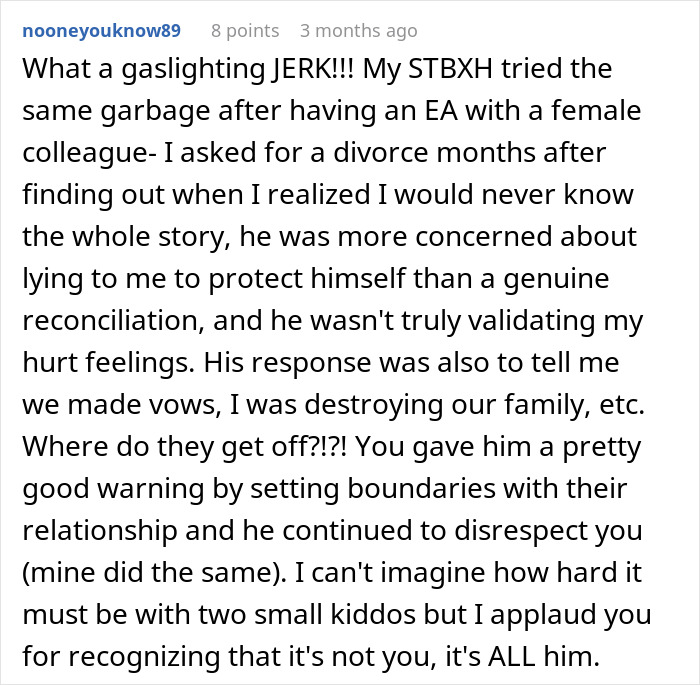 Comment discussing a gaslighting man who disrespects boundaries during marriage, highlighting regret and failed reconciliation.