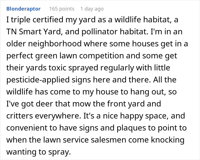 Comment describing a yard certified as a wildlife habitat attracting deer and critters despite neighbor complaints about overgrown weeds.