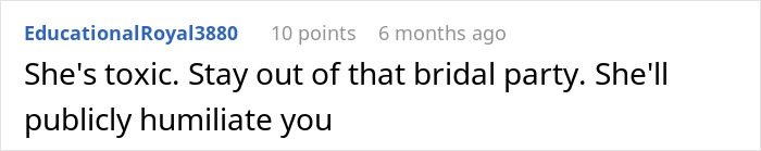 Screenshot of an online comment criticizing a toxic bride who bans cousin with alopecia from wearing a headscarf.