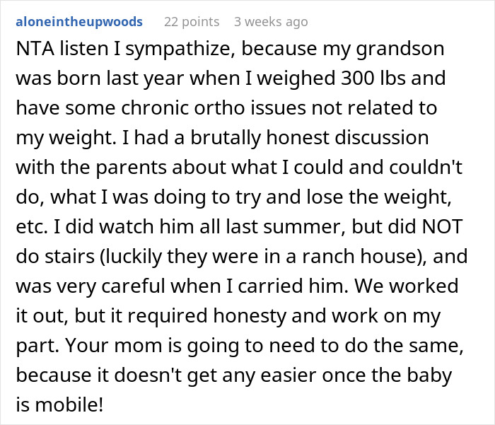 Comment on a parenting forum discussing concerns about an obese mom babysitting a newborn and fat shaming issues.