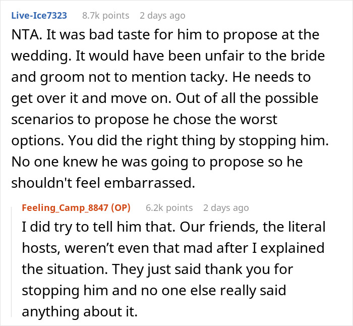 Reddit comments discussing stopping a boyfriend&rsquo;s proposal at a best friend&rsquo;s wedding and the social implications.
