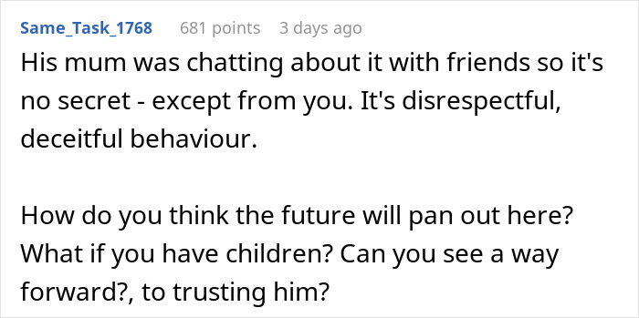 Comment discussing deceitful behavior of husband&rsquo;s mom and trust issues related to unknowingly paying rent for two years.
