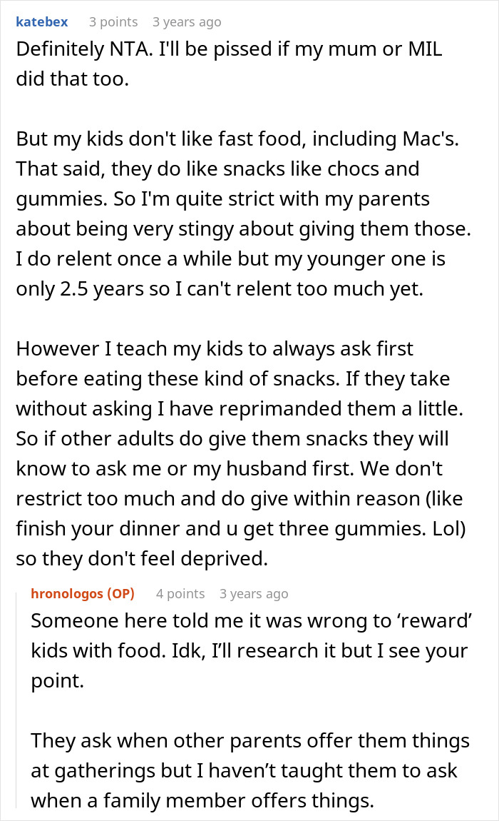 Screenshot of a parenting forum discussing mom refusing to leave kids with MIL who feeds them too much fast food.
