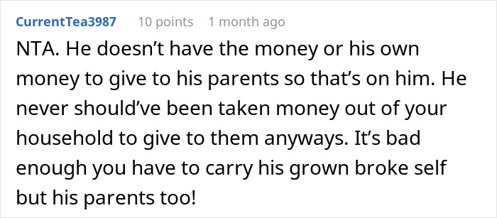 Comment on forum discussing wife refusing to support husband's mom after job loss, labeled selfish by family members.