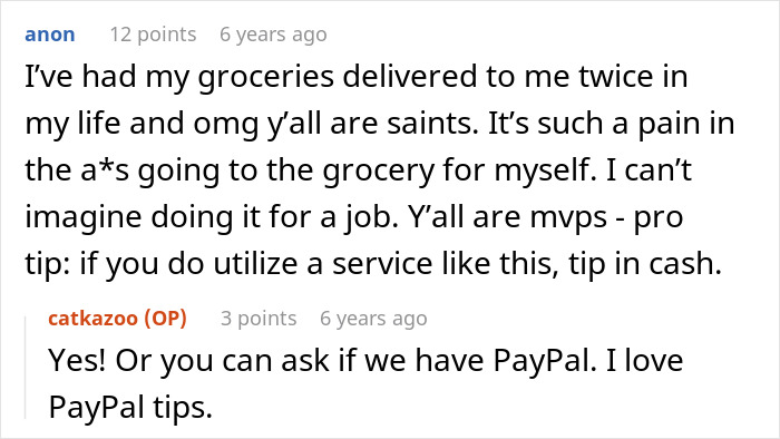 Screenshot of an online comment discussing grocery delivery and tipping, relating to grocery Karen refusing to pay.