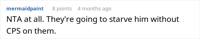 Screenshot of an online comment discussing a couple reporting parents to CPS for starving their child.