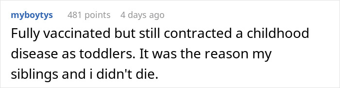 Comment about vaccinated children contracting childhood disease and its impact on siblings, relevant to pregnant anti-vaxxer consequences.