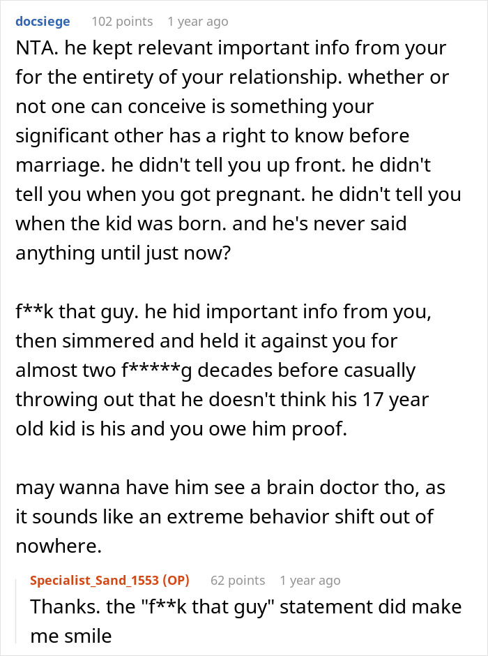 Woman reacts to husband demanding paternity test for their teen son after 24-year marriage. Woman reacts to husband demanding paternity test for their teen son after 24-year marriage.