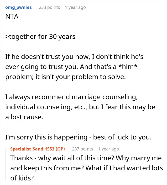 Reddit comment discussing trust issues and marriage counseling after husband demands paternity test for teen son. Reddit comment discussing trust issues and marriage counseling after husband demands paternity test for teen son.