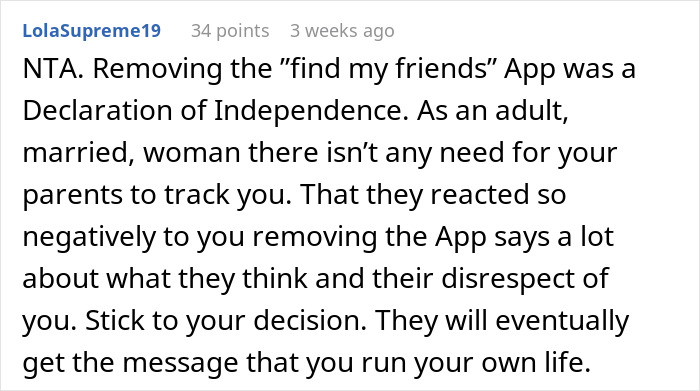 Comment discussing removing phone tracking app from parents who keep using it to see location, asserting independence and privacy.