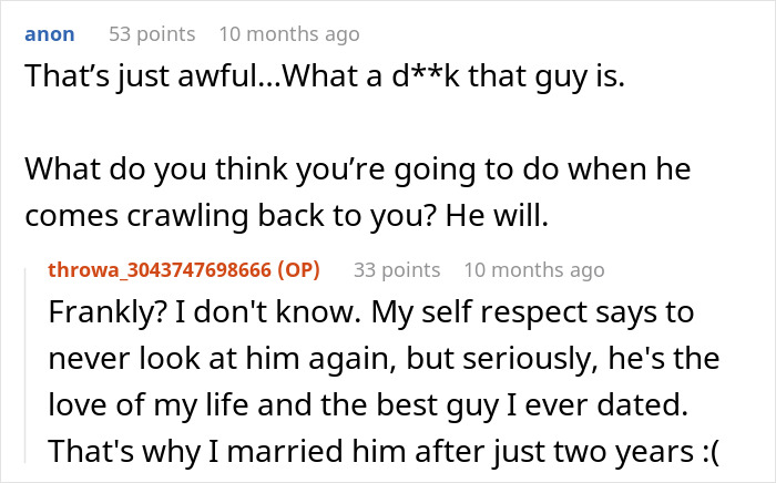 Screenshot of a Reddit conversation about a woman&rsquo;s husband leaving her after being hit on for the first time.
