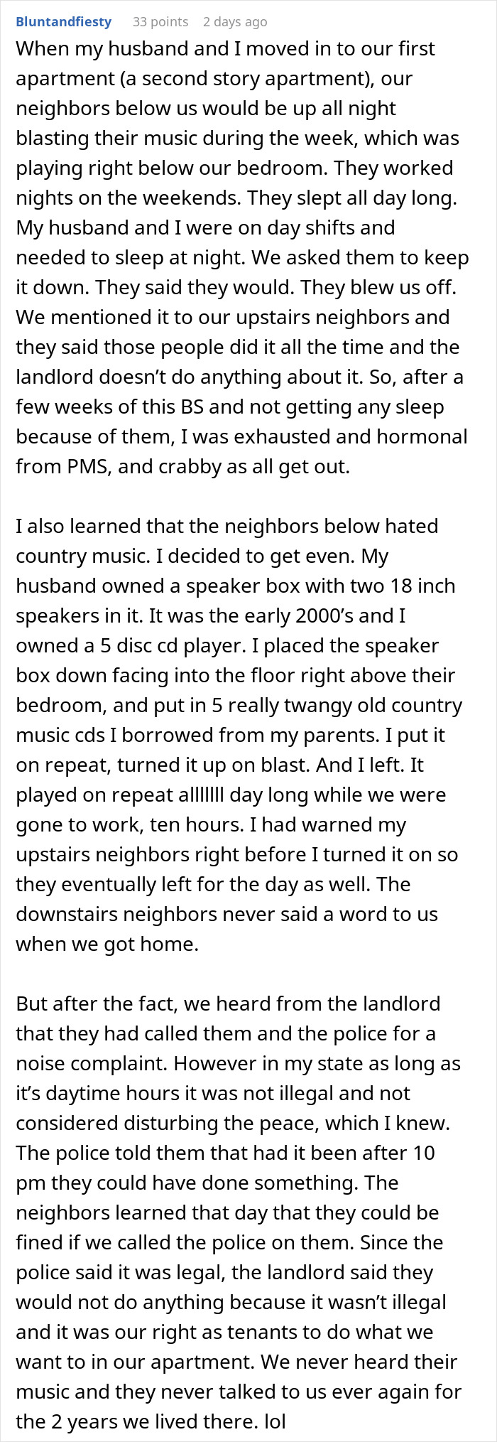 Alt text: Clever woman uses loud country music to confuse noisy downstairs neighbor and restore peace in apartment block. Alt text: Clever woman uses loud country music to confuse noisy downstairs neighbor and restore peace in apartment block.