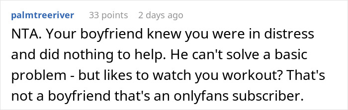 Screenshot of a Reddit comment discussing dumping boyfriend for refusing to hand period pad and tissues during distress. Screenshot of a Reddit comment discussing dumping boyfriend for refusing to hand period pad and tissues during distress.