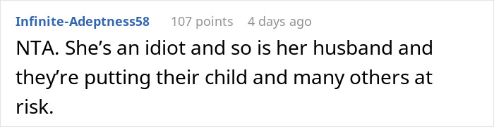 Screenshot of a comment calling a pregnant anti-vaxxer and her husband idiots for risking their child and others.