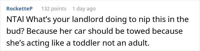 Comment from user discussing entitled lady parking in neighbor’s spot and suggesting towing her car to resolve the issue. Comment from user discussing entitled lady parking in neighbor’s spot and suggesting towing her car to resolve the issue.