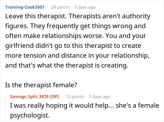 Screenshot of an online discussion where a couple seeks help with relationship struggles and feels attacked by their therapist.