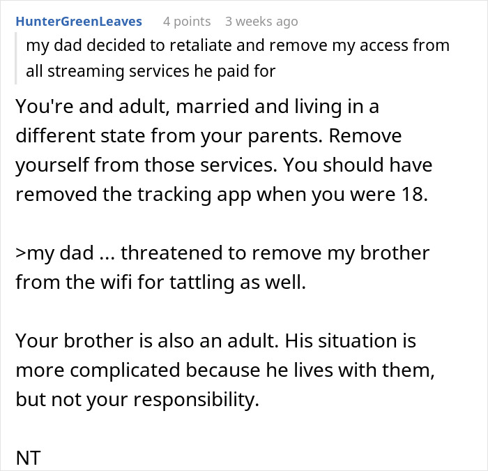 Reddit comment discussing removing phone tracking app from parents who use it to see location, addressing adult boundaries.