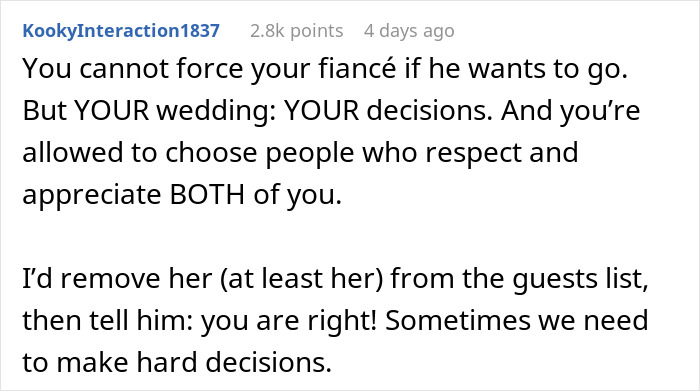 Comment about woman not wanting fianc&eacute; at friend&rsquo;s wedding, emphasizing fianc&eacute; and wedding decisions.