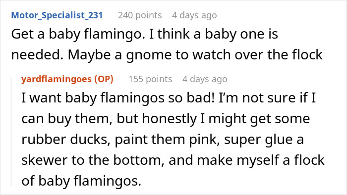 Comments discussing plans to add baby pink flamingos in response to a neighbor&rsquo;s Facebook campaign about flamingos.