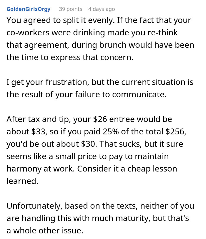 Comment explaining frustration after coworkers agree to split bill but one backs out, causing tension at work.