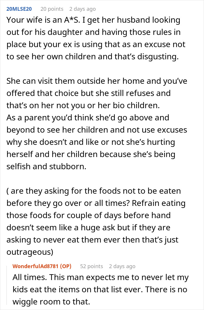 Comment discussion about dad refusing to change kids&rsquo; diet for ex&rsquo;s new husband amid custody issues.