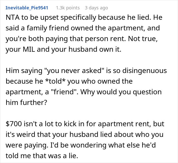 Reddit comment discussing paying rent unknowingly to husband and his mom, addressing lies and apartment ownership.